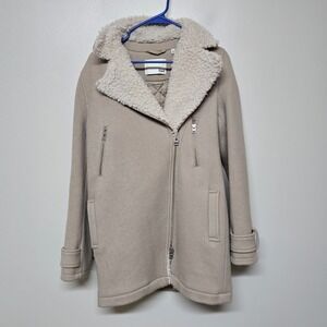 Wilfred Free Aritzia Shearling Lined Wool Coat XS Beige Zip Jacket Menchi Fabric